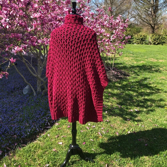 Handmade One of a Kind Crochet Poncho in Cranberry - Picture 2 of 11